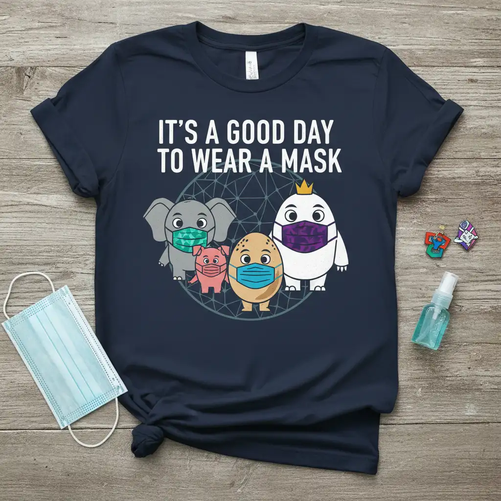 It's A Good Day To Wear A Mask quote on a t-shirt with masked elephant, pig, egg, and bird characters