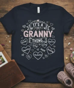 Navy t-shirt with "It's a Granny Thing" design, listing traits like Proud, Supportive, Caring, Happy, Amazing, Fun, and Protective in
