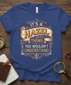 It's a Hazel Thing You Wouldn't Understand text design on a royal blue t-shirt, featuring vintage banner and ornate border