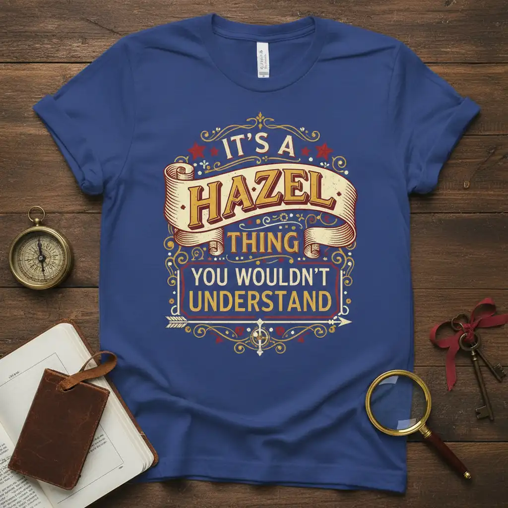 It's a Hazel Thing You Wouldn't Understand quote on a t-shirt, featuring bold lettering and decorative accents