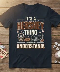 T-shirt with "It's A Hershey Thing You Wouldn't Understand" text and graphics of Hershey Park attractions like a Ferris wheel