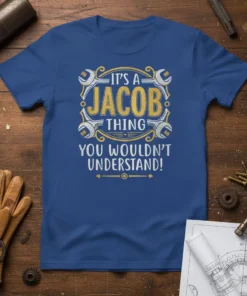 Blue t-shirt with white and gold text: "IT'S A JACOB THING YOU WOULDN'T UNDERSTAND!" featuring wrench graphics