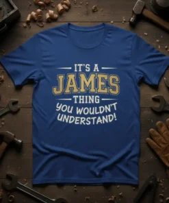 IT'S A JAMES THING you wouldn't UNDERSTAND! text design on a royal blue t-shirt, bold gold and white lettering