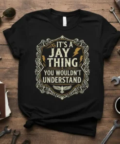 Black t-shirt with "It's A Jay Thing You Wouldn't Understand" text in decorative gold and white font, featuring lightning bolts