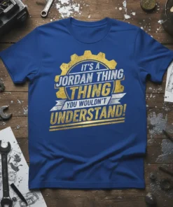 T-shirt with bold text "It's A Jordan Thing You Wouldn't Understand!" in yellow and white, featuring a gear graphic