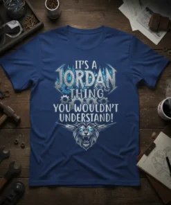 T-shirt with the text "IT'S A JORDAN THING YOU WOULDN'T UNDERSTAND!" in metallic silver and blue flames, featuring a fierce
