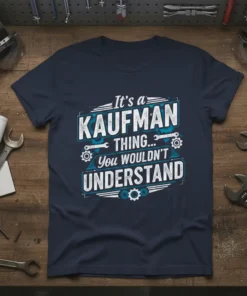 It's a Kaufman Thing You Wouldn't Understand text design on a navy t-shirt, featuring distressed typography and mechanical gears