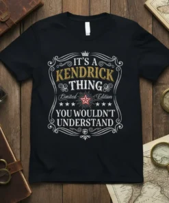 Black t-shirt with "IT'S A KENDRICK THING Edition YOU WOULDN'T UNDERSTAND" in gold and white vintage typography