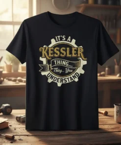 Black t-shirt with "It's a Kessler Thing... Thing... You Understand" text in a gear design, gold and white typography