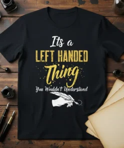 Its a LEFT HANDED text design featuring bold typography on quality t-shirt