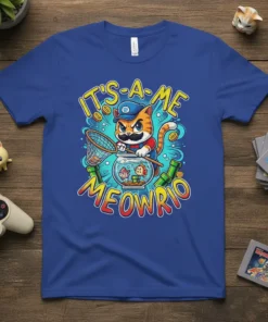 It's-a-Me Meowrio cat wearing a plumber's hat and mustache, holding a fishing net over a fishbowl with Mario characters, on