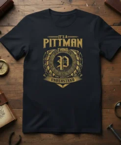 It's a Pittman Thing You Wouldn't Understand T-Shirt with gold distressed text and a family crest design