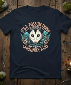 It's a Possum Thing You Wouldn't Understand quote with a possum graphic on a navy t-shirt