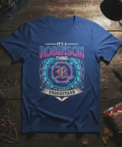 It's a Robinson Thing You Wouldn't Understand quote with ornate border and stylized R, on a navy blue t-shirt