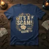 It's A Scam! Beware! text with magic theme, including cards, treasure chest, and rabbit in hat