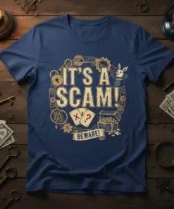 It's A Scam! Beware! text with magic theme, including cards, treasure chest, and rabbit in hat