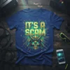 Blue t-shirt with "IT'S A SCAM" text and a futuristic samurai skull design on a circuit board background