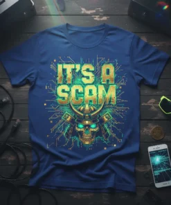 Blue t-shirt with "IT'S A SCAM" text and a futuristic samurai skull design on a circuit board background