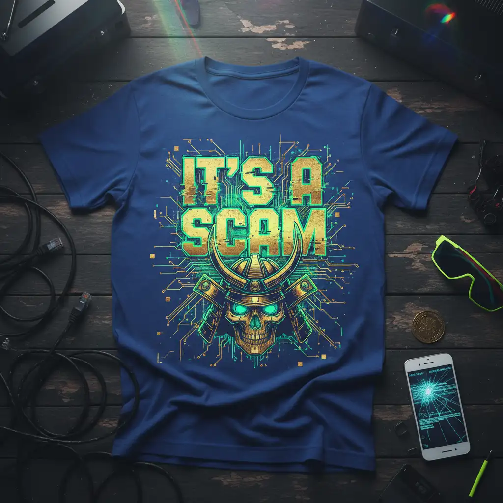 IT'S A SCAM text design with a futuristic samurai skull and circuit board graphics on a blue t-shirt