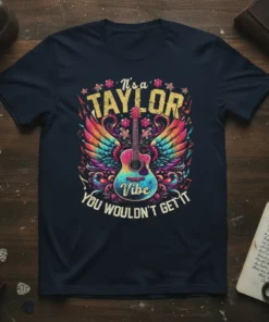 It's a Taylor vibe you wouldn't get it text with colorful guitar and wings graphic on a navy t-shirt