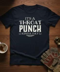 It's a Throat Punch Kinda Day text design on a navy t-shirt, featuring vintage-style typography and boxing glove graphics