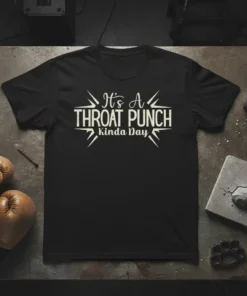 It's A THROAT PUNCH Kinda Day text design in bold white font on a black t-shirt