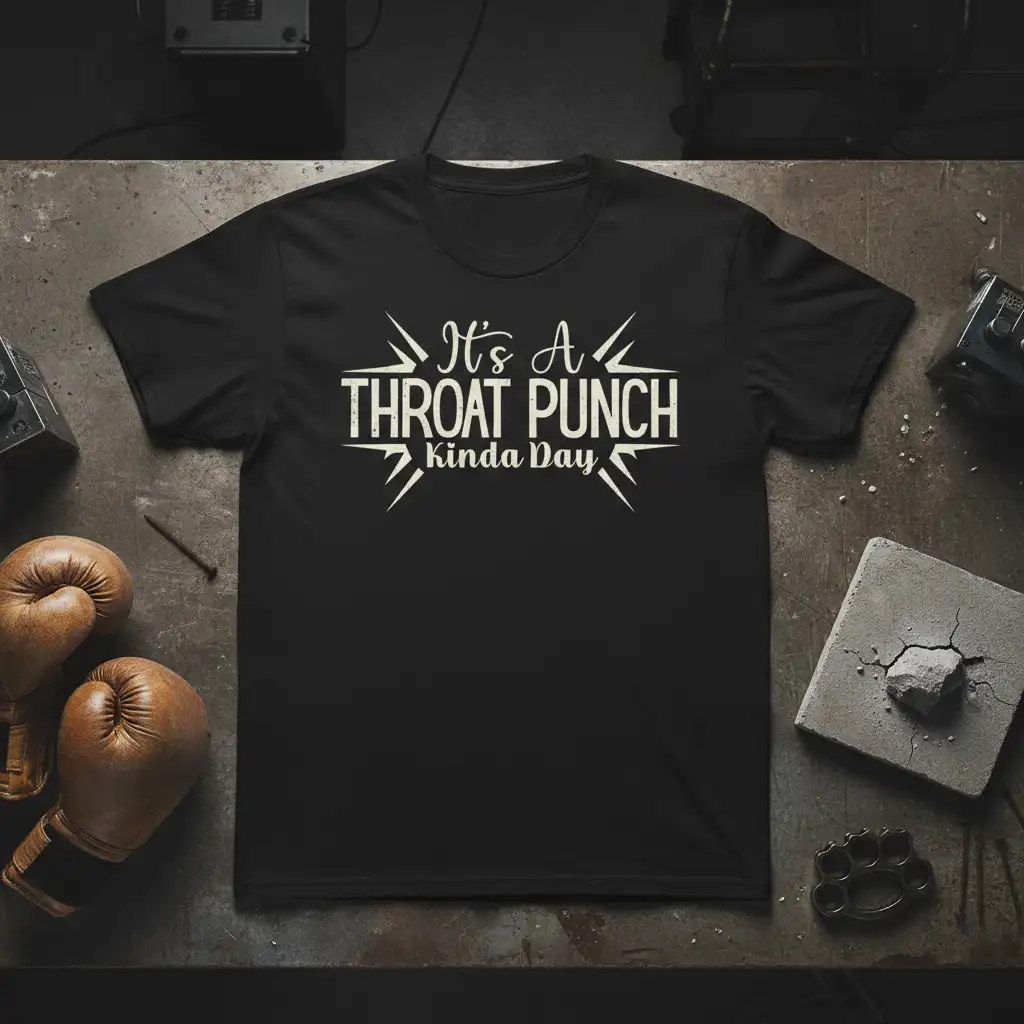 It's A THROAT PUNCH Kinda Day humorous quote in distressed white font on a black graphic t-shirt