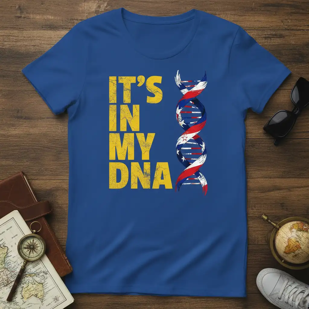 It's In My DNA text and patriotic USA flag DNA helix design on a blue t-shirt