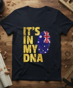 It's In My DNA text with Australian flag fingerprint graphic on a dark t-shirt