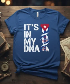 Cuban heritage t-shirt with "IT'S IN MY DNA" text and a DNA helix incorporating the Cuban flag colors and star