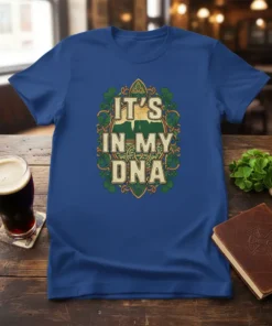 Blue t-shirt with "IT'S IN MY DNA" text in a Celtic design, featuring shamrocks and knotwork