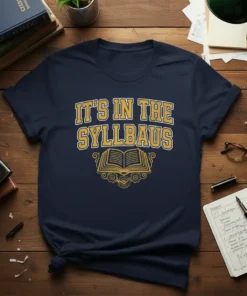 It's In The Syllbaus text with an open book and gears graphic on a navy blue t-shirt
