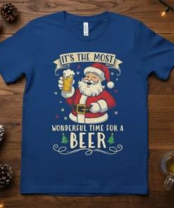 It's The Most Wonderful Time For A Beer t-shirt with Santa holding a beer glass, festive Christmas design