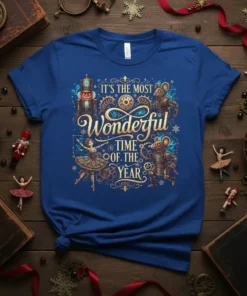Christmas t-shirt with "It's The Most Wonderful Time Of The Year" quote, featuring nutcracker, ballet dancer, and mechanical mice graphics