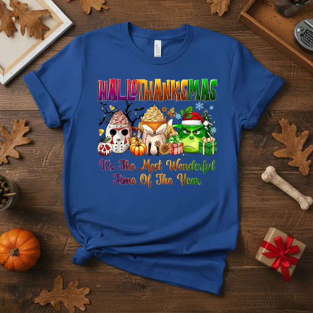 It's The Most Wonderful Time Of The Year quote on a holiday-themed t-shirt featuring iconic characters