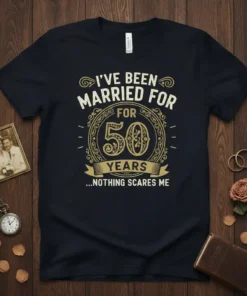 I've Been Married For 50 Years Nothing Scares Me quote t-shirt design with ornate golden circular border and banner