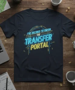 I've Decided To Enter The Transfer Portal quote on a dark t-shirt with neon-style typography