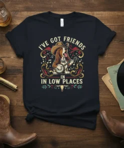 I've Got Friends In Low Places Basset Hound playing banjo t-shirt design with cowboy hat and musical notes