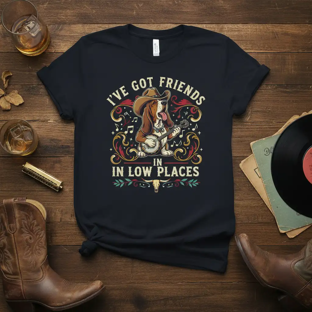 I've Got Friends In Low Places text with a basset hound playing banjo graphic on a dark t-shirt