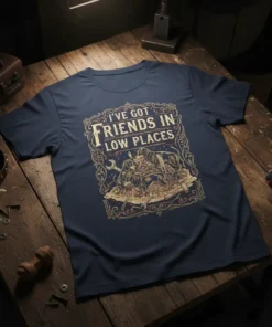 I've Got Friends in Low Places text with three dachshunds and tools graphic on a navy blue t-shirt
