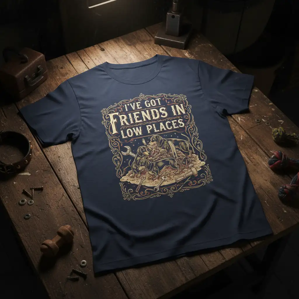 I've Got Friends in Low Places quote with dachshund graphic and tools on a navy t-shirt