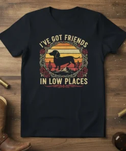 I've Got Friends In Low Places T-Shirt with dachshund silhouette, retro sunset, roses, and cacti design