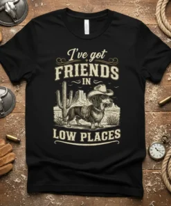 I've Got Friends in Low Places text with cowboy dachshund and western landscape graphic on black t-shirt