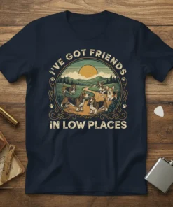 T-shirt design with the quote "I've Got Friends in Low Places" featuring basset hounds and corgis in a scenic landscape
