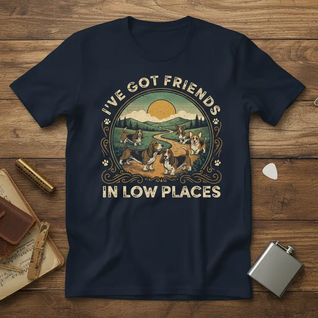 I've Got Friends in Low Places quote with basset hounds and corgis illustration on a dark t-shirt