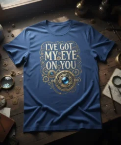 Steampunk "I've Got My Eye On You" quote t-shirt with ornate gears and a central blue eye graphic