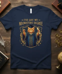 I've Got My Meowsters Degree text with a ginger cat in a graduation cap and gown holding a diploma, surrounded