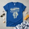 I've Got My Swim Trunks & My Flippy Floppies quote on a royal blue t-shirt, featuring a graphic of patterned