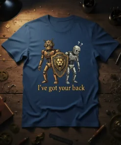 Steampunk robots holding a lion shield with the text "I've got your back" on a navy blue t-shirt