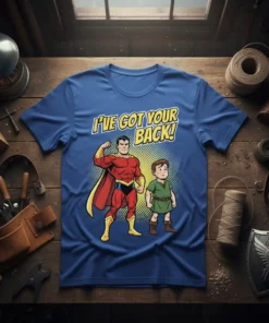 I've Got Your Back! text with superhero and sidekick graphic on a blue t-shirt